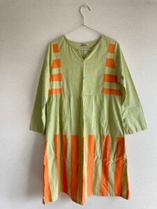 タグ付き　インド製　長袖ワンピース　オレンジ×黄緑　