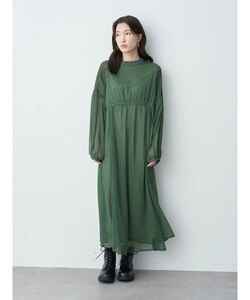 (I09300)　美品　earth music＆ecology ボリュームスリーブシアーワンピース　グリーン　フリーサイズ