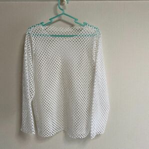 新品未使用ホワイト白重ね着メッシュ編み編みメッシュ長袖トップスゆったりF