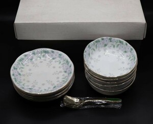 未使用　セラミック藍　食器　デザート皿＋スプーン5客揃　小皿　グリーンリーフ　植物　プレート