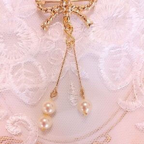 ハンドメイド リボンブローチ×国産淡水パール