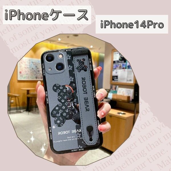 iPhone14Proケース iPhoneケース くま バンド付 ブラック 韓国 スマホケース 落下防止