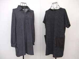 【お買得！】★黒系チュニック2点セット★①GLISSE/長袖/ストライプ柄/サイズL　②P・I・E・R・S/半袖/斑模様