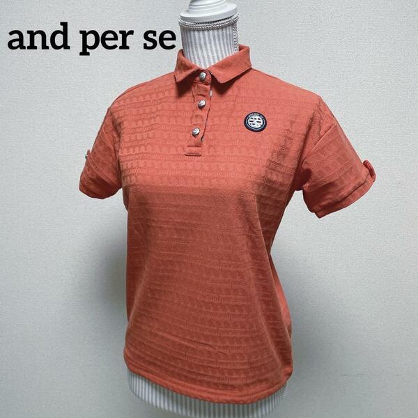 アンパスィ　ゴルフウェア　ポロシャツ　総柄ロゴ　ボタン　朱色　Mサイズ