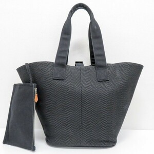 質イコー［エルメス］HERMES パニエドプラージュPM トートバッグ ポーチ付き コットン×アバカ 黒系 中古