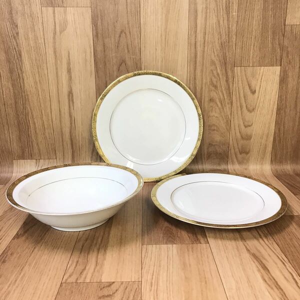 送無 Noritake ノリタケ 27cm プレート x2・25cm ボウル皿 1枚 3点セット/大皿 サラダボウル パスタ皿 深皿/ホワイト・ゴールドライン 金彩