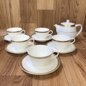 送料無料 美品 NARUMI ナルミ カップ&ソーサー 5客・Noritake ノリタケ ティーポット 1個 /ホワイト・ゴールドライン・金彩/ティーセット