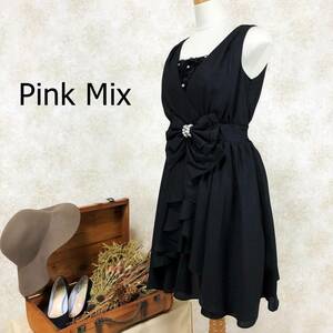 ピンクミックス Pink Mix ドレス ブラック ラメ リボン ビジュー ラメ ひざ丈 フリル かわいい 華やか 結婚式 二次会 パーティー B-144