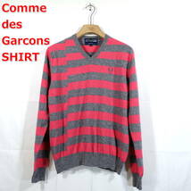 【良品】コムデギャルソンシャツ　フレッドペリー　ずらしボーダーニット　COMME des GARCONS SHIRT　FRED PERRY　サイズＬ　灰ピンク_画像1