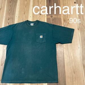 90s carhartt カーハート Tシャツ 半袖 ポケットT USA企画 ビッグシルエット ワンポイント グリーン サイズL 玉mc2021