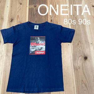 80s 90s ONEITA オニータ USA製 半袖 Tシャツ SCRAP ビッグプリント 宇宙 月面 ヴィンテージ ユースL S相当 玉mc2043