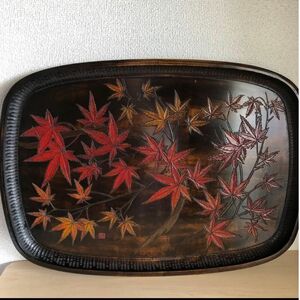 木彫り　紅葉　特大盆　