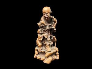 【現状品】福禄寿 寿老人 童子像 仙人 中国美術 石製 時代物 高さ：約13.5cm 重量：約372g