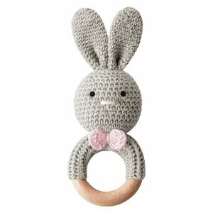 1円スタート 　木製　ウサギ 　かわいい　かぎ針編み　ガラガラ　ベビー　赤ちゃん　MY007-35　グレー×ピンク