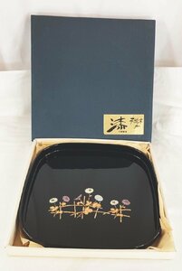 中古 ナショナル 垣根菊 漆器 お盆 トレイ 角盆 天然木加工 共箱付 KO-1 20230919