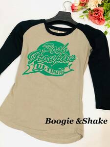 Boogie＆Shake　フロント＆バックプリントデザイン　カットソー　七分そで　カーキ×ブラック　サイズM