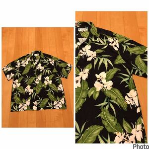 良品☆HAWAII製／TWO PALMS・トゥーパームス　XL大き目.日本2XL以上並　半袖希少.ブラックレーヨンアロハシャツ 花&葉っぱ総柄 大きいSIZE!