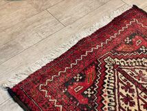 イラン産 バルーチ 149×79cm クリーニング済 トライバルラグ ウール 赤系 手織り絨毯 カーペット ラグ 羊毛 ペルシャ絨毯 441_画像8