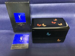 レアもの YSL YVES SAINT LAURENT イブ・サンローラン 玉川漆器 二段弁当箱 リボン柄 蝶々 貴重 高さ9㎝×横15㎝×奥行8㎝ ■ 由88