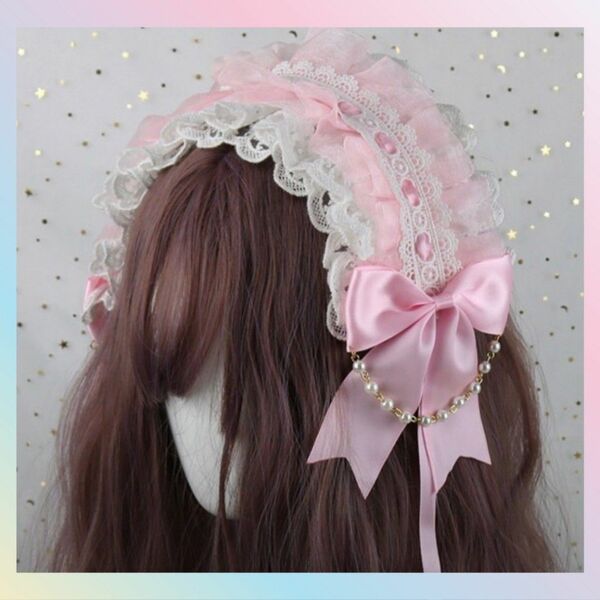 ヘッドドレス リボン パール ピンク ロリータ 髪飾り レース かわいい 可愛い