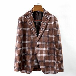 M3-YI093[ beautiful goods ] Tagliatore TAGLIATORE Italy made linen cotton jacket Brown check 42 men's 