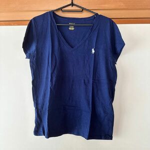 ポロ ラルフローレン 刺繍ロゴ Tシャツ シンプル Vネック ネイビー M