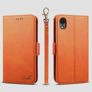 送料無料★iphone xr ケース 手帳型 Qi充電対応 カードケース スタンド機能 スマホケース 財布型 (オレンジ)