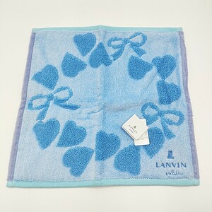 【未使用品】LANVIN ランバン タオルハンカチ ハンドタオル ブルー×パープル ハート柄 リボン柄 ロゴ刺繍 W28 H28