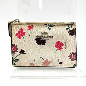 COACH コーチ コインケース パスケース キーリング付 花柄 アイボリー系 ロゴ金具 W11.5 H8