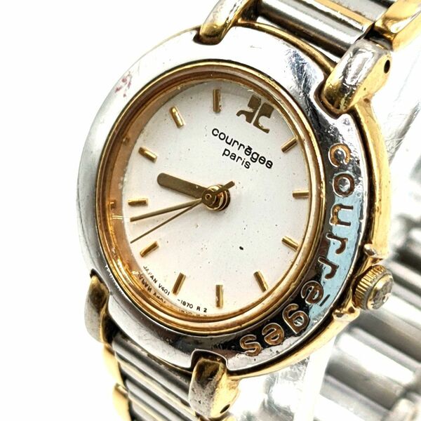 【電池切れ】Courreges クレージュ クォーツ 腕時計 白文字盤 コンビ ロゴ レディース V401-0720 200139