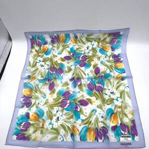 【未使用品】renoma レノマ ハンカチ バンダナ パープル×ブルー 花柄 チューリップ 綿 コットン 100% W42 H42