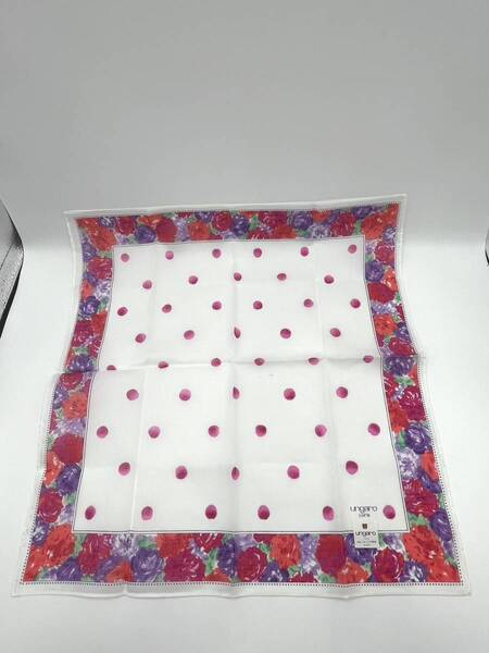 【未使用品】ungaro ウンガロ ハンカチ バンダナ ホワイト×レッド×パープル 花柄 水玉柄 綿 コットン 100% W43 H43