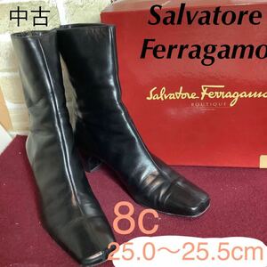 【売り切り!送料無料!】A-168 Salvatore Ferragamo!ショートブーツ!8C 25.0〜25.5cm位!黒!ブラック!おしゃれ!リペア済み!中古!