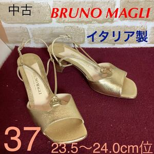 【売り切り!送料無料!】A-154 BRUNO MAGLI!サンダル!ゴールド!金色!37 23.5〜24.0cm位!イタリア製!おしゃれ!アンクルストラップ!中古!