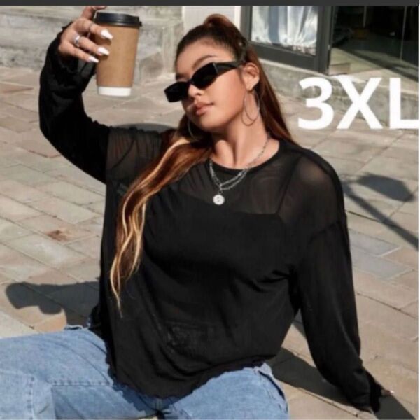 レディース 長袖Tシャツ シアー ブラック 3XL オーバーサイズ 大きめ ゆったり 大きいサイズ トップス