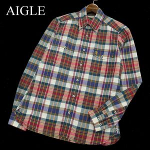 美品★ AIGLE エーグル 通年 ポリ&コットン★ ロゴ刺繍 長袖 ボタンダウン ワーク チェック シャツ Sz.S　メンズ アウトドア　A3T09826_8#C