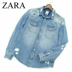 ZARA ザラ マン 現行タグ★ 通年 RELAXED FIT クラッシュ&リペア加工 長袖 デニム ウエスタン シャツ Sz.M　メンズ　A3T10149_9#O