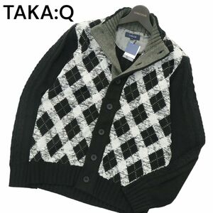 【新品 未使用】 TAKA:Q タカキュー 秋冬 スタンドカラー チェック ニット ジャケット カーディガン Sz.M　メンズ 黒　A3T10871_9#K