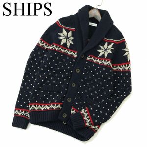 SHIPS シップス 秋冬 ウール100％★ ノルディック柄 ショールカラー ニット カーディガン Sz.S　メンズ ネイビー　A3T10953_9#N