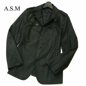 美品★ A.S.M アトリエサブ メン 通年 ストライプ柄★ トレンチ風 シングル ミリタリー ジャケット Sz.52　メンズ 黒　A3T11006_9#O