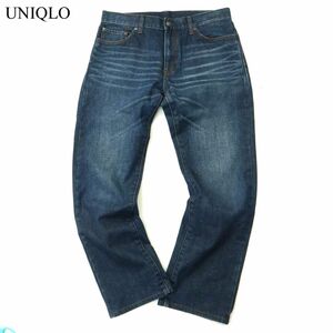 UNIQLO ユニクロ 防風ジーンズ★ 裏起毛 USED加工 ストレート デニム パンツ ジーンズ Sz.32　メンズ バイク　A3B04560_9#R