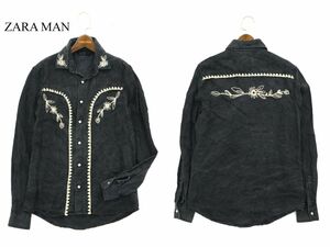 ZARA MAN ザラ マン 通年 刺繍 フラワー デザイン★ ウォッシュ加工 長袖 デニム シャツ Sz.S　メンズ　A3T09854_8#C