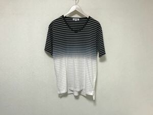 本物ヴォーギッシュVOGUISHコットングラデーションボーダー柄Vネック半袖Tシャツメンズサーフアメカジミリタリー黒ブラック白ホワイトL