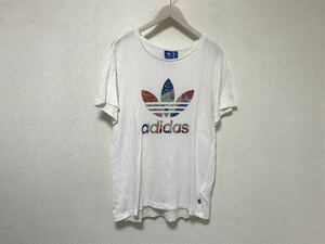 本物アディダスadidasコットンロゴプリント半袖Tシャツサーフアメカジミリタリービジネススーツ白ホワイトJOTトルコ製レディースL