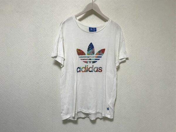 本物アディダスadidasコットンロゴプリント半袖Tシャツサーフアメカジミリタリービジネススーツ白ホワイトJOTトルコ製レディースL