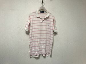 本物ポロラルフローレンPOLO RALPH LAURENコットンボーダー柄半袖ポロシャツメンズアメカジサーフミリタリービジネス白ピンクXLアメリカ製