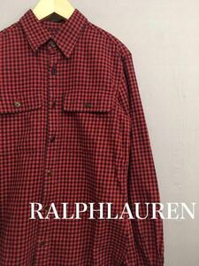 !V Ralph Lauren RALPHLAUREN silver chewing gum check lady's for women shirt long sleeve red size 7&