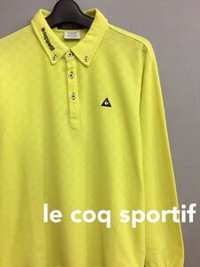  Le Coq s Porte .fle coq sportif button down polo-shirt checker long sleeve collar neon yellow men's M size ~*&