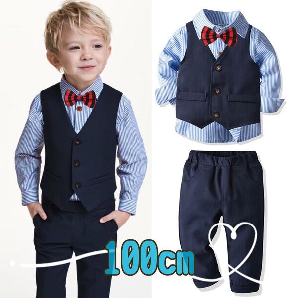新品100cmストライプキッズスーツ長袖 ブルー フォーマルセットアップ発表会卒業入学結婚式