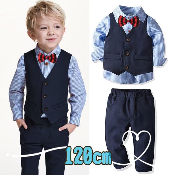新品120cmストライプキッズスーツ長袖 ブルー フォーマルセットアップ発表会卒業入学結婚式